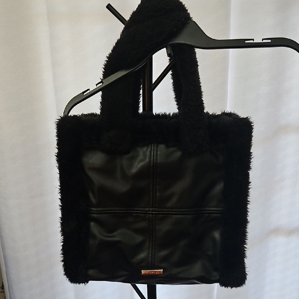 Madden Girl Elegant Black Faux Fur Tote Bag: Like New